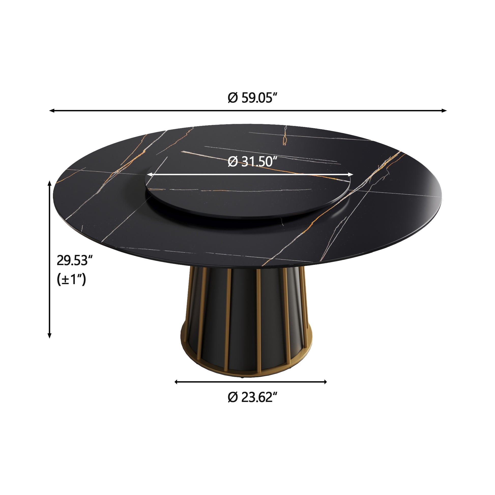 59.05"Modern Artificial Stone Round Black Metal Iron Base Dining Table Can Accommodate 8 People 31.5"Black Artificial Stone Turntable Not Including Chairs Black Dining Room Metal Sintered Stone