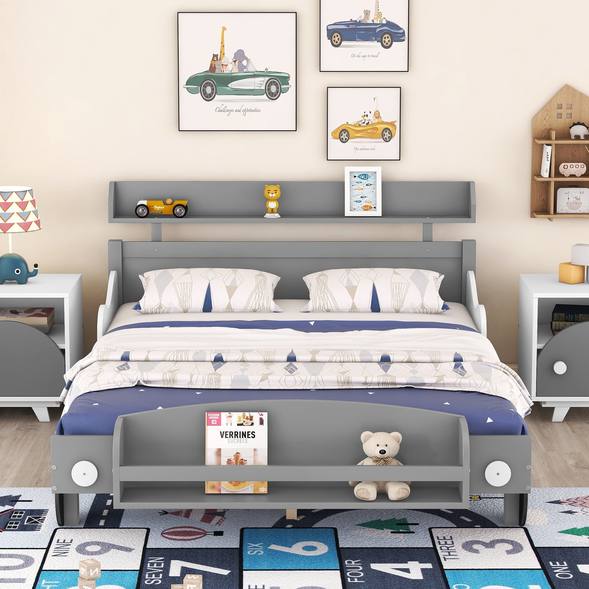 Full Size Car Shaped Platform Bed,Full Bed With Storage Shelf For Bedroom,Gray Gray Wood