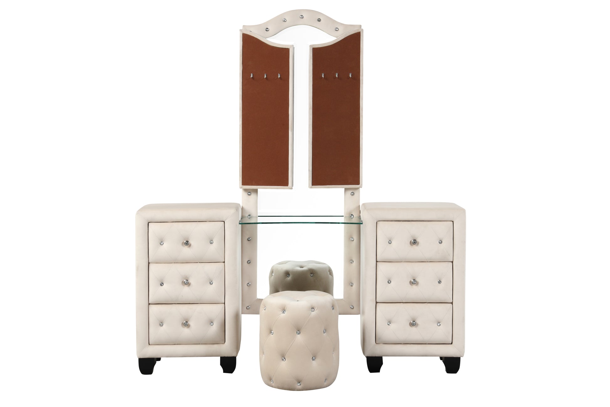 Sophia Crystal Tufted Queen 5 Pc Vanity Bedroom Set Made With Wood In Cream Box Spring Not Required Queen Cream Wood 5 Piece Set Bedroom Contemporary,Modern Upholstered Velvet Tufted Wood