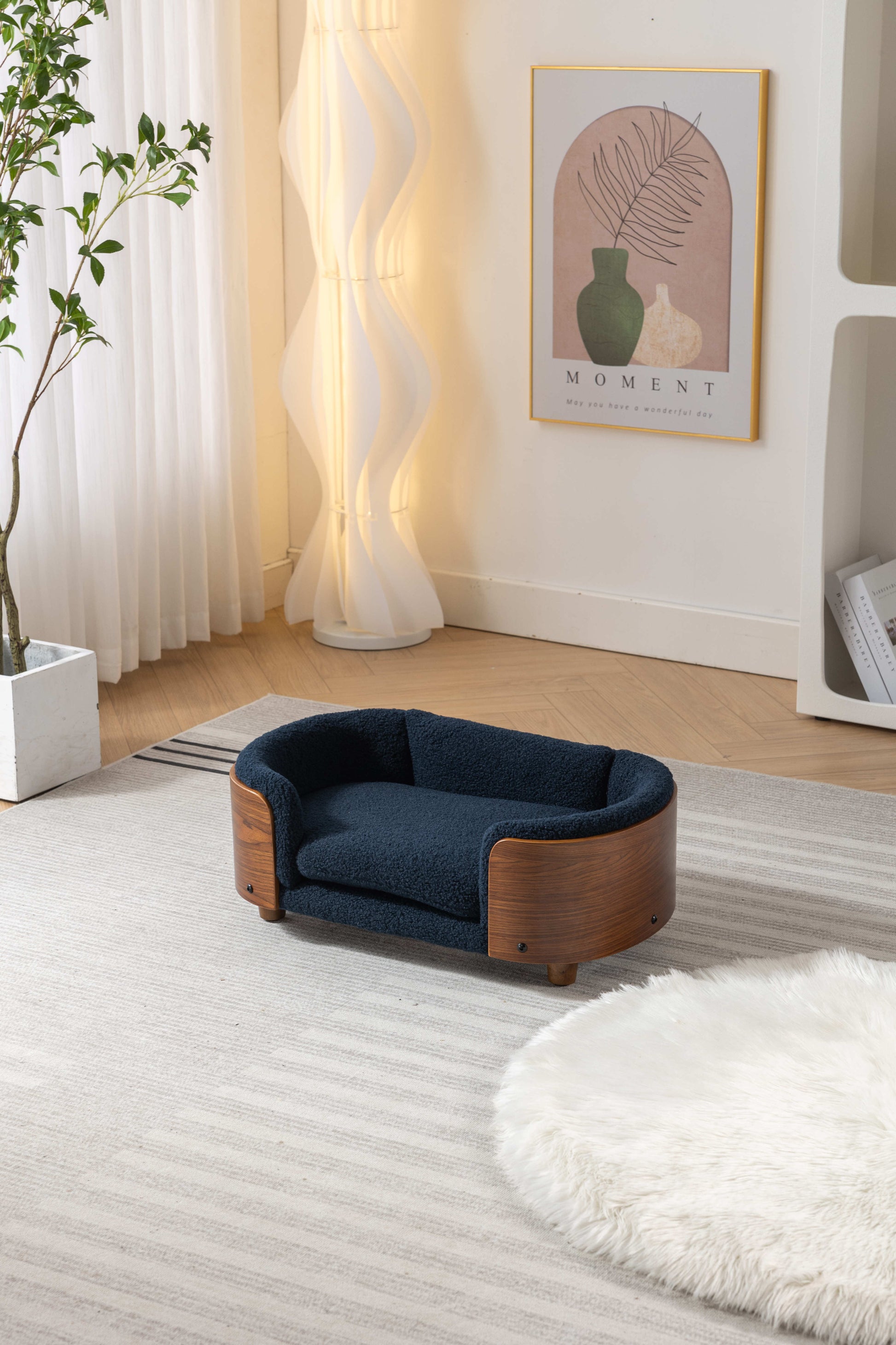 Scandinavian Style Elevated Dog Bed Pet Sofa With Solid Wood Legs And Walnut Bent Wood Back, Cashmere Cushion,Small Size Dark Blue Foam Solid Wood