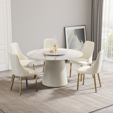 53.15 "Modern White Artificial Stone Round Beige Plywood Pu Base Dining Table Can Accommodate 6 People 23.62"White Artificial Stone Turntable Not Including Chairs. White Dining Room Plywood Sintered Stone