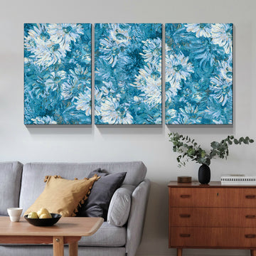 Framed Canvas Wall Art Decor Abstract Painting, Cyan Color Daisy Oil Painting Style Decoration For Restaurant, Kitchen, Dining Room, Office Living Room, Bedroom Decor Ready To Hang Rectangle Framed Multicolor Oversized 41In Canvas Food&Beverage