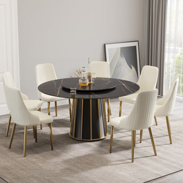 59.05"Modern Artificial Stone Round Black Metal Iron Base Dining Table Can Accommodate 8 People 31.5"Black Artificial Stone Turntable Not Including Chairs Black Dining Room Metal Sintered Stone