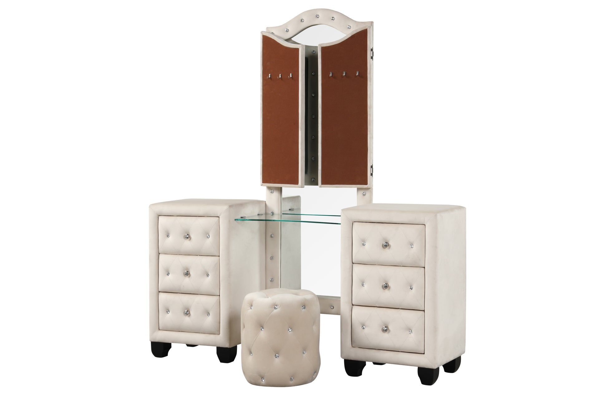 Sophia Crystal Tufted Full 5 Pc Vanity Bedroom Set Made With Wood In Cream Box Spring Not Required Full Cream Wood 5 Piece Set Bedroom Contemporary,Modern Upholstered Velvet Wood