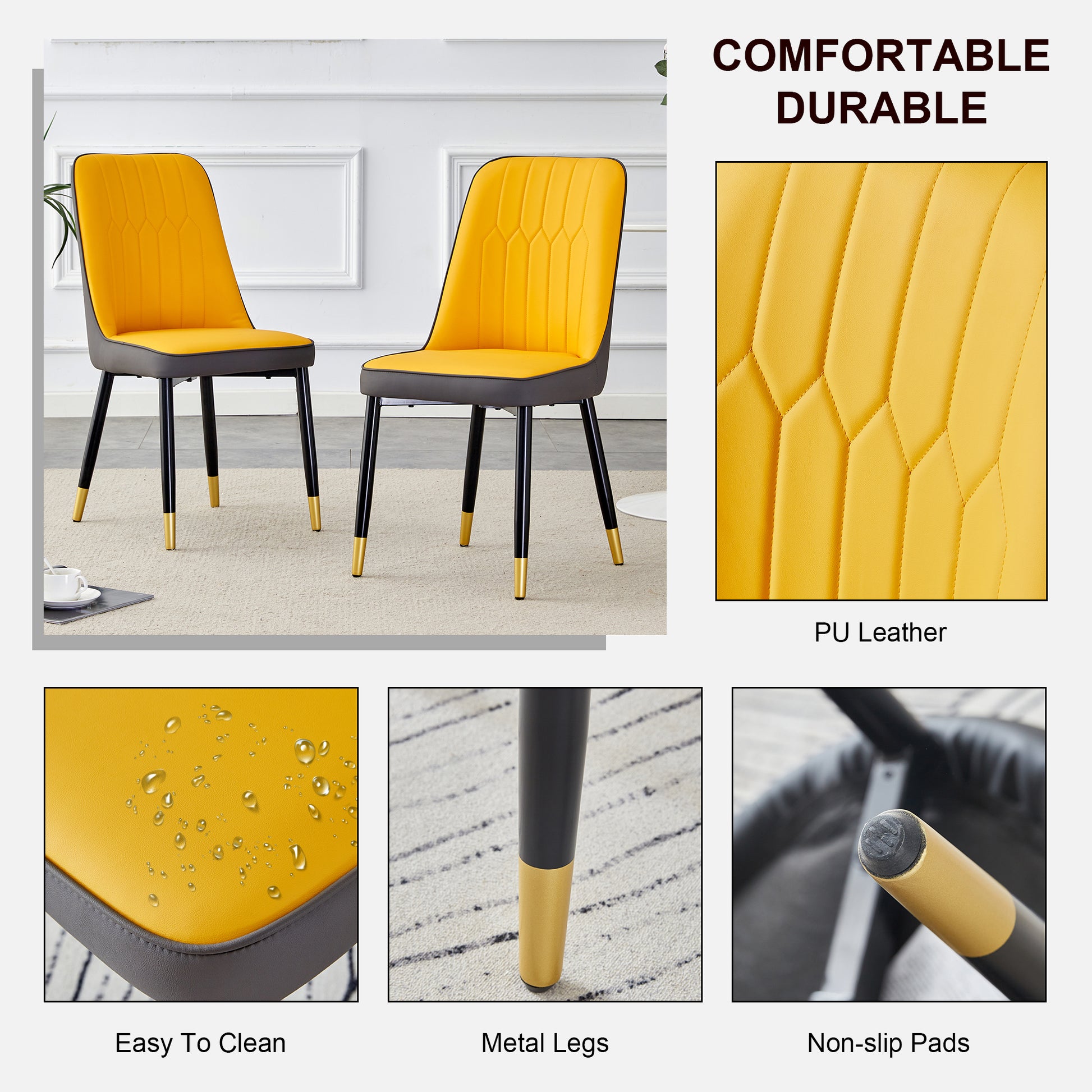 Table And Chair Set. White Imitation Marble Patterned Burnt Stone Tabletop With Black Metal Legs. Orange Deep Gray Dual Tone Pu Leather Backrest And Black Metal Leg Chair. 1 Table And 4 Chairs 001 007 White Sintered Stone