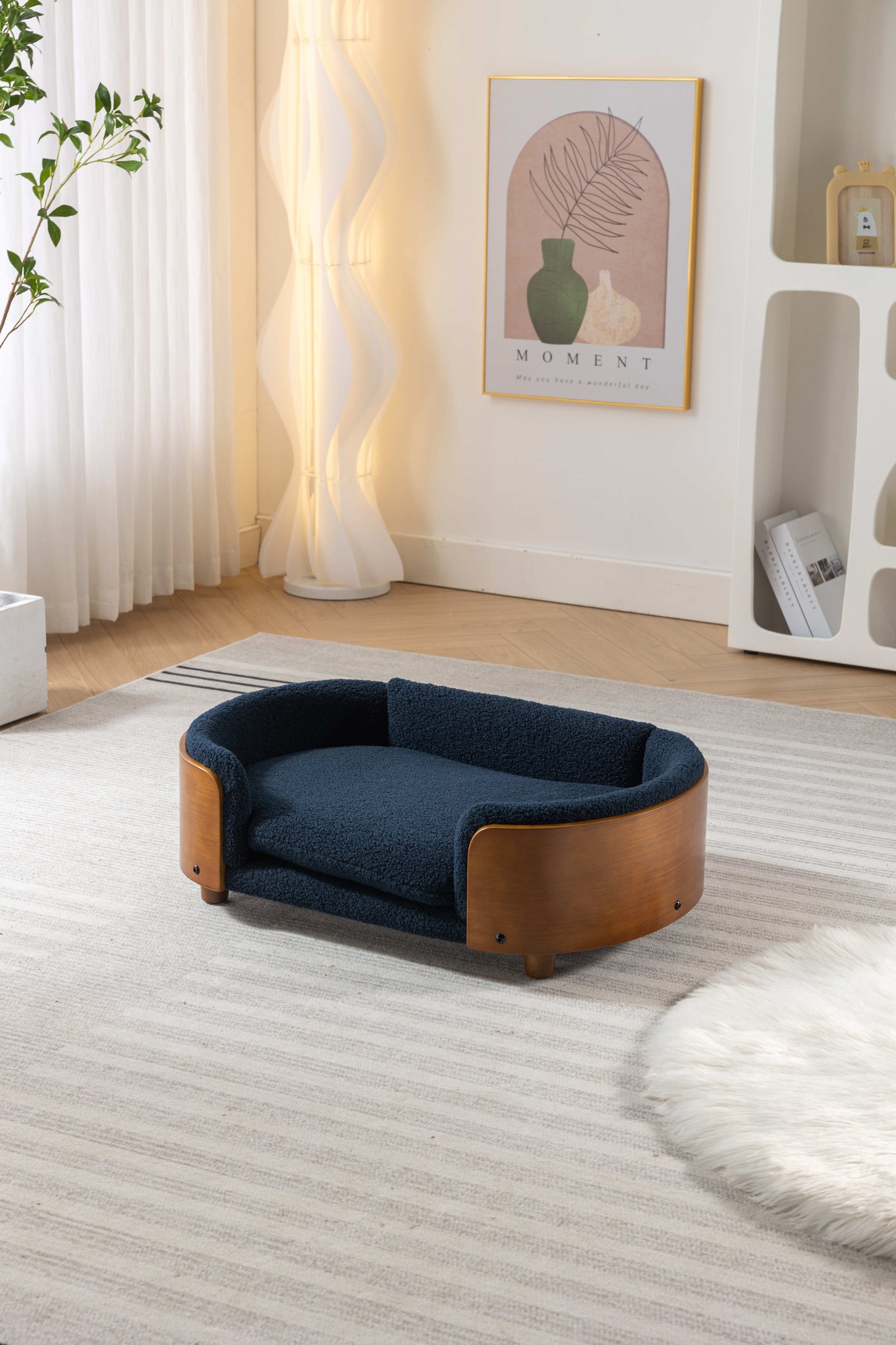 Scandinavian Style Elevated Dog Bed Pet Sofa With Solid Wood Legs And Walnut Bent Wood Back, Cashmere Cushion,Mid Size Dark Blue Foam Solid Wood