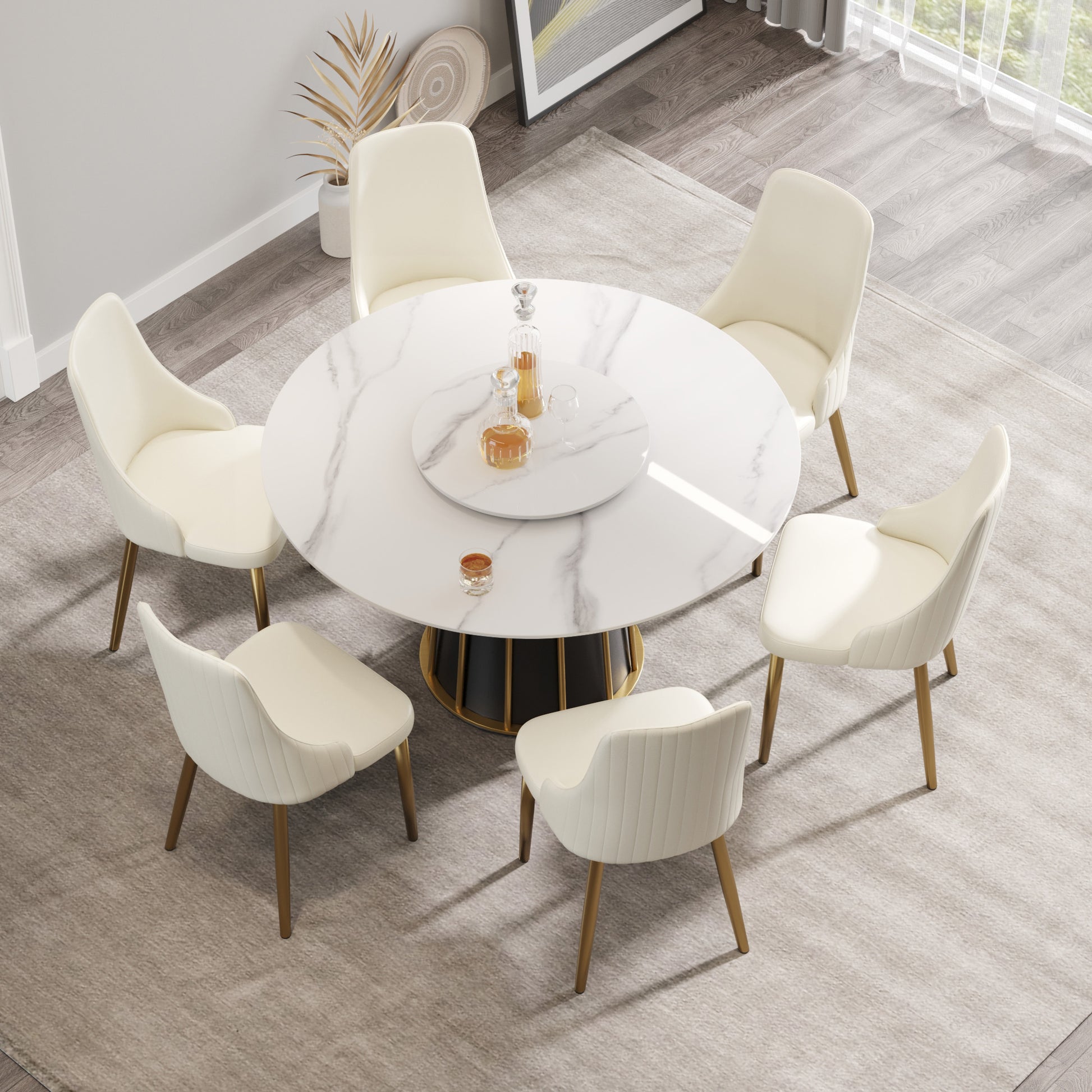 53.15"Modern Artificial Stone Round White Panel Metal Iron Base Dining Table Can Accommodate 6 People 23.62"White Artificial Stone Turntable Not Including Chairs White Dining Room Metal Sintered Stone