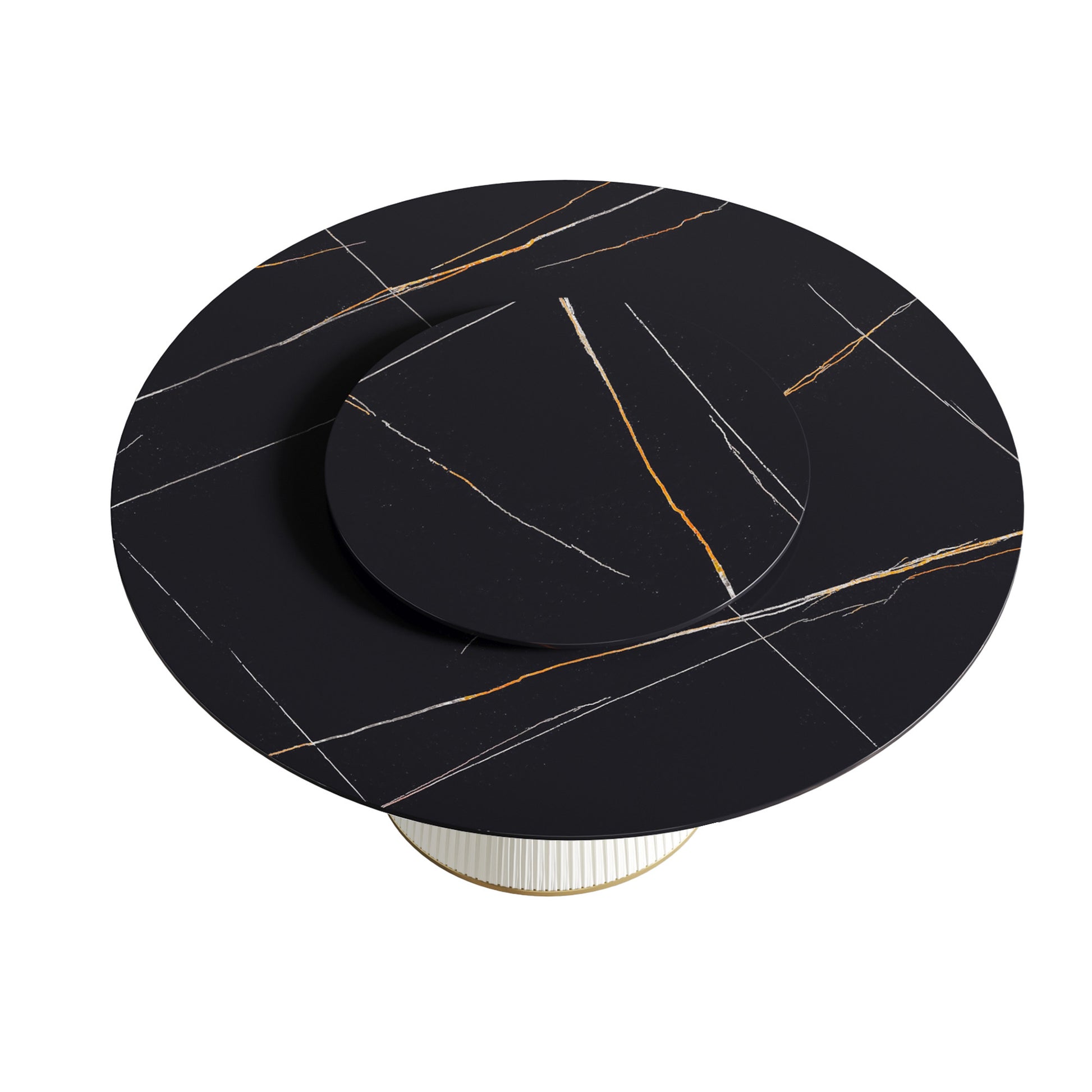 59.05 "Modern Black Artificial Stone Round Beige Plywood Pu Base Dining Table Can Accommodate 8 People 31.5"Black Artificial Stone Turntable Not Including Chairs. Black Dining Room Plywood Sintered Stone