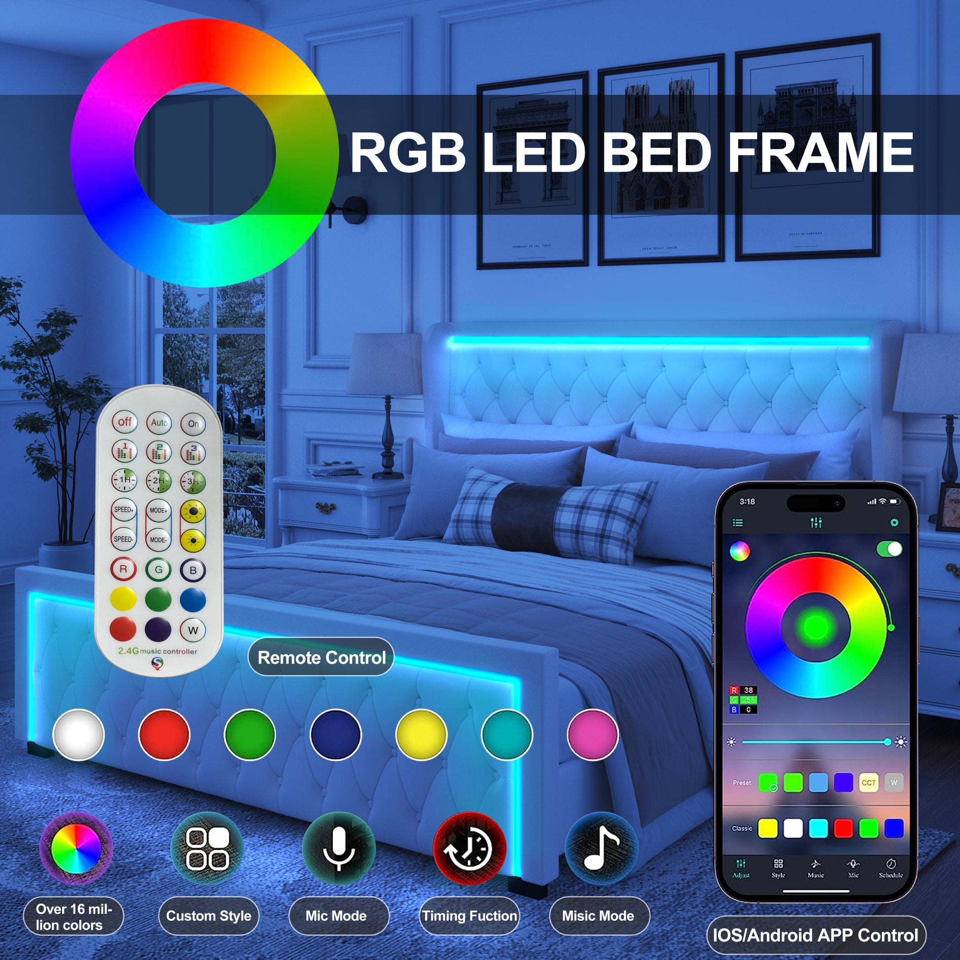 Queen Platform Bed Frame With High Headboard, Velvet Upholstered Bed With Deep Tufted Buttons, Adjustable Colorful Led Light Decorative Headboard, Wide Wingbacks,Grey Queen Grey Velvet