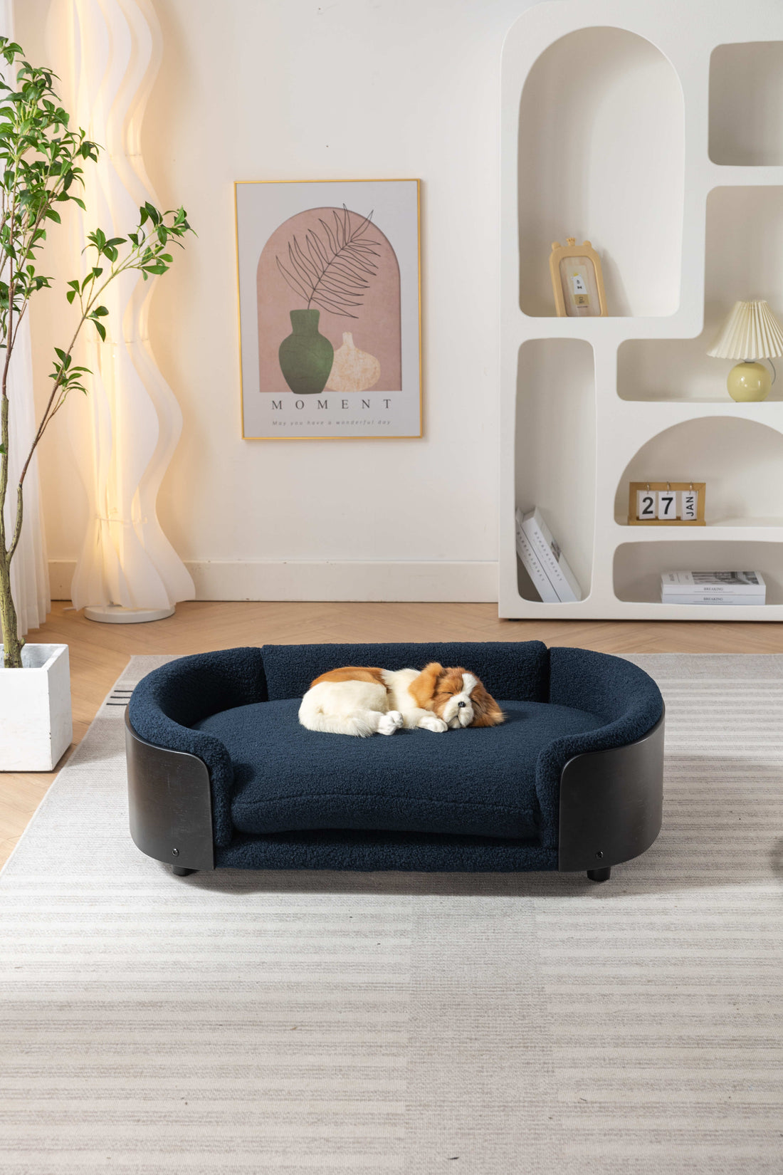 Scandinavian Style Elevated Dog Bed Pet Sofa With Solid Wood Legs And Black Bent Wood Back, Cashmere Cushion,Large Size Dark Blue Foam Solid Wood