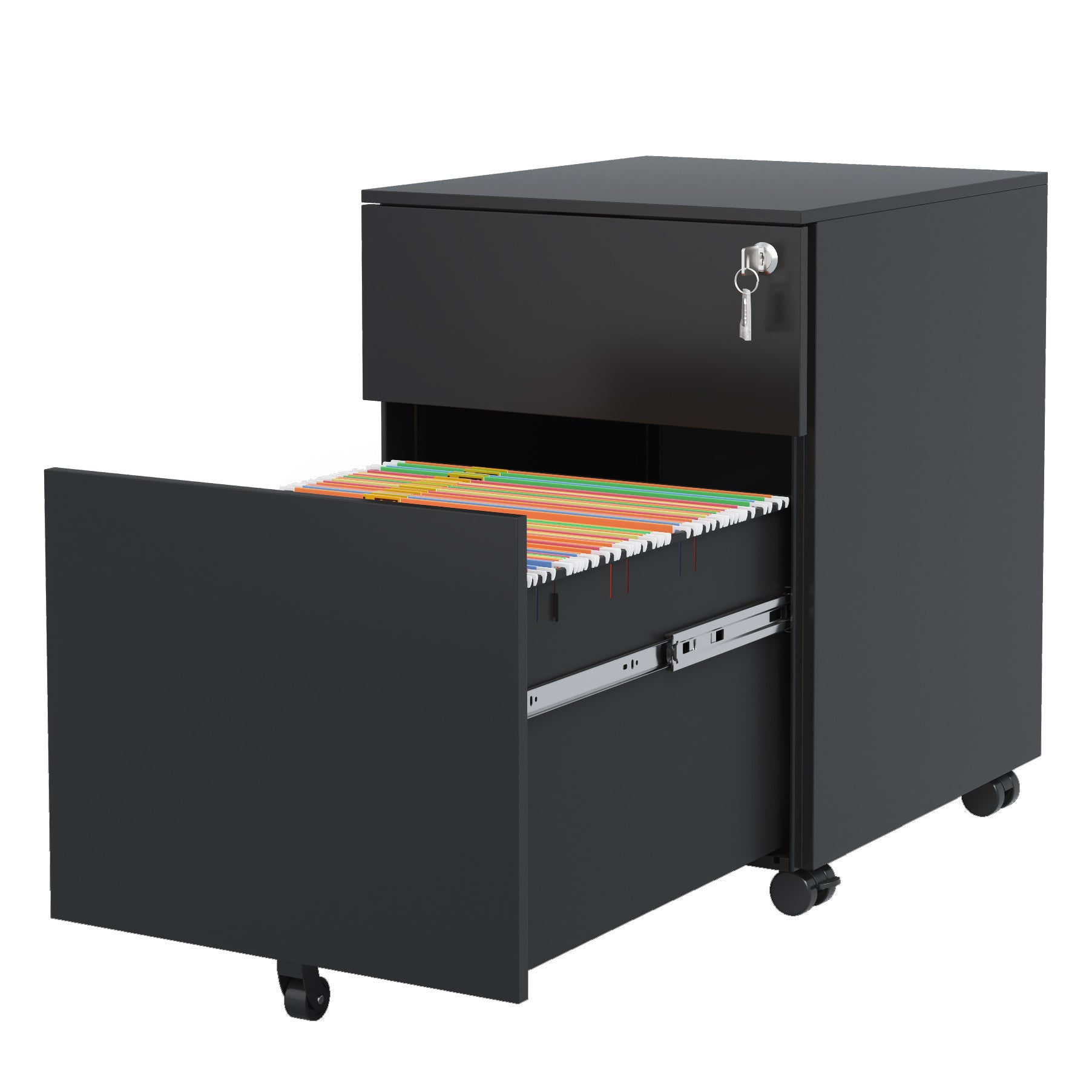 2 Drawer Mobile File Cabinet With Lock Steel File Cabinet For Legal Letter A4 F4 Size, Fully Assembled Except For Wheels, Home Office Design, Black Mobile File Cabinets 1 2 Drawers Powder Coated Black Office Mobile Steel