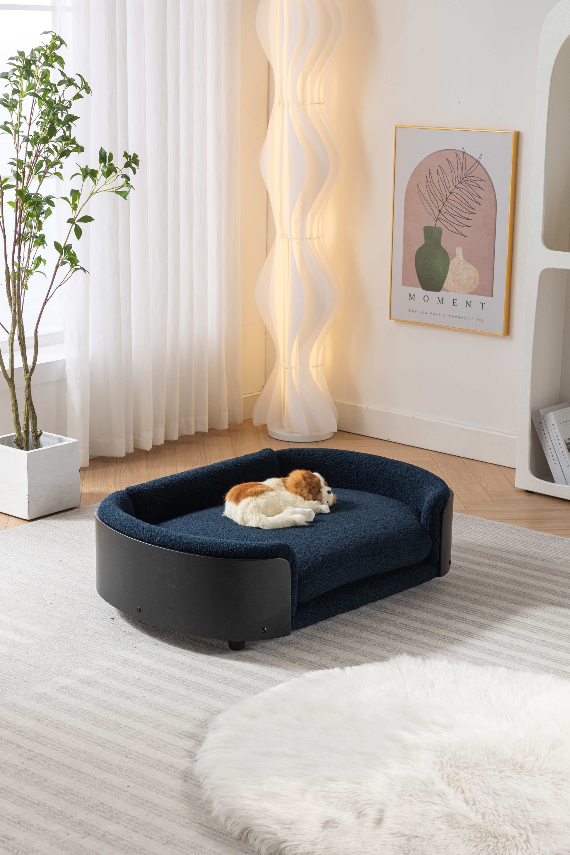 Scandinavian Style Elevated Dog Bed Pet Sofa With Solid Wood Legs And Black Bent Wood Back, Cashmere Cushion,Large Size Dark Blue Foam Solid Wood