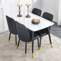 Table And Chair Set. White Imitation Marble Stone Tabletop With Black Metal Legs. Black Pu Leather Backrest And Black Metal Leg Chair. 1 Table And 4 Chairs F 001 C 007 White Sintered Stone