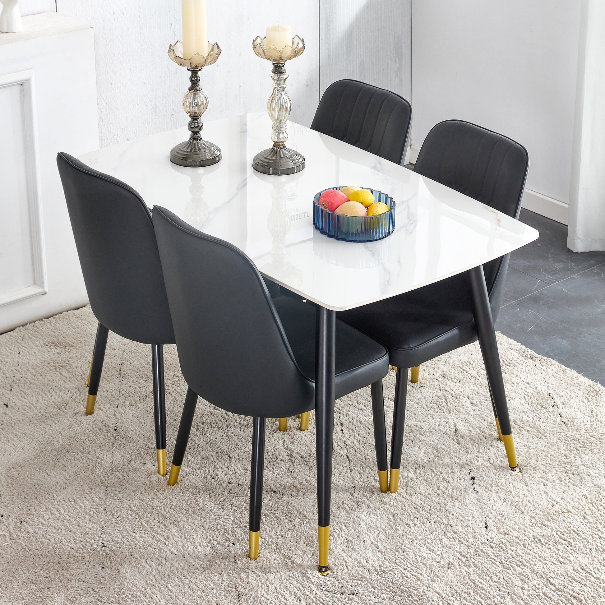 Table And Chair Set. White Imitation Marble Stone Tabletop With Black Metal Legs. Black Pu Leather Backrest And Black Metal Leg Chair. 1 Table And 4 Chairs F 001 C 007 White Sintered Stone