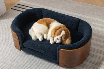 Scandinavian Style Elevated Dog Bed Pet Sofa With Solid Wood Legs And Walnut Bent Wood Back, Cashmere Cushion,Small Size Dark Blue Foam Solid Wood