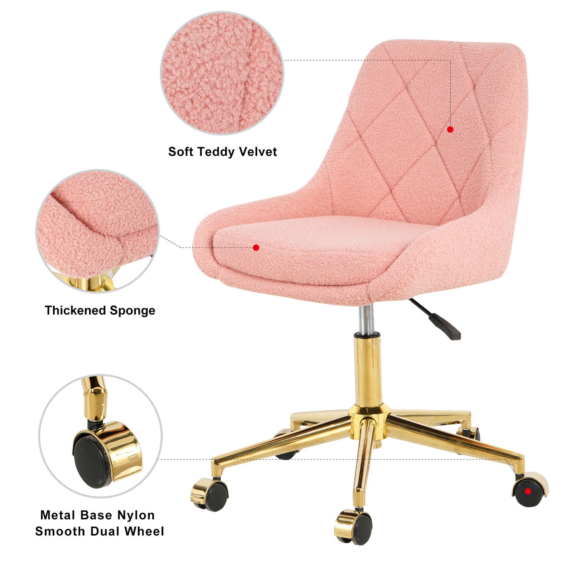 Modern Teddy Fleece Fabric With Gold Legs Living Room Furniture Dining Chair, Soft And Comfortable, Lift Adjustment, Free Movement Convenient, Space Saving. Set Of 1 Metal Pink Teddy