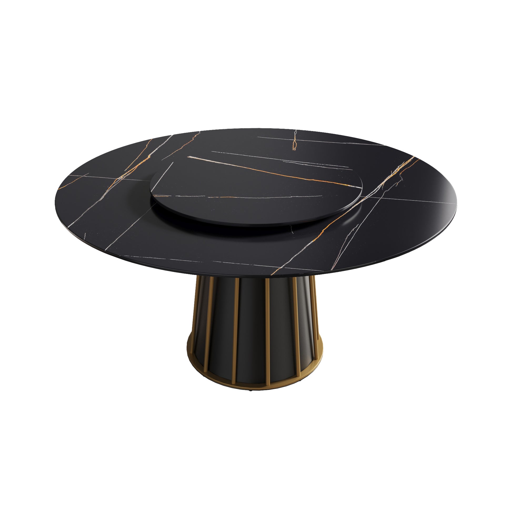 59.05"Modern Artificial Stone Round Black Metal Iron Base Dining Table Can Accommodate 8 People 31.5"Black Artificial Stone Turntable Not Including Chairs Black Dining Room Metal Sintered Stone