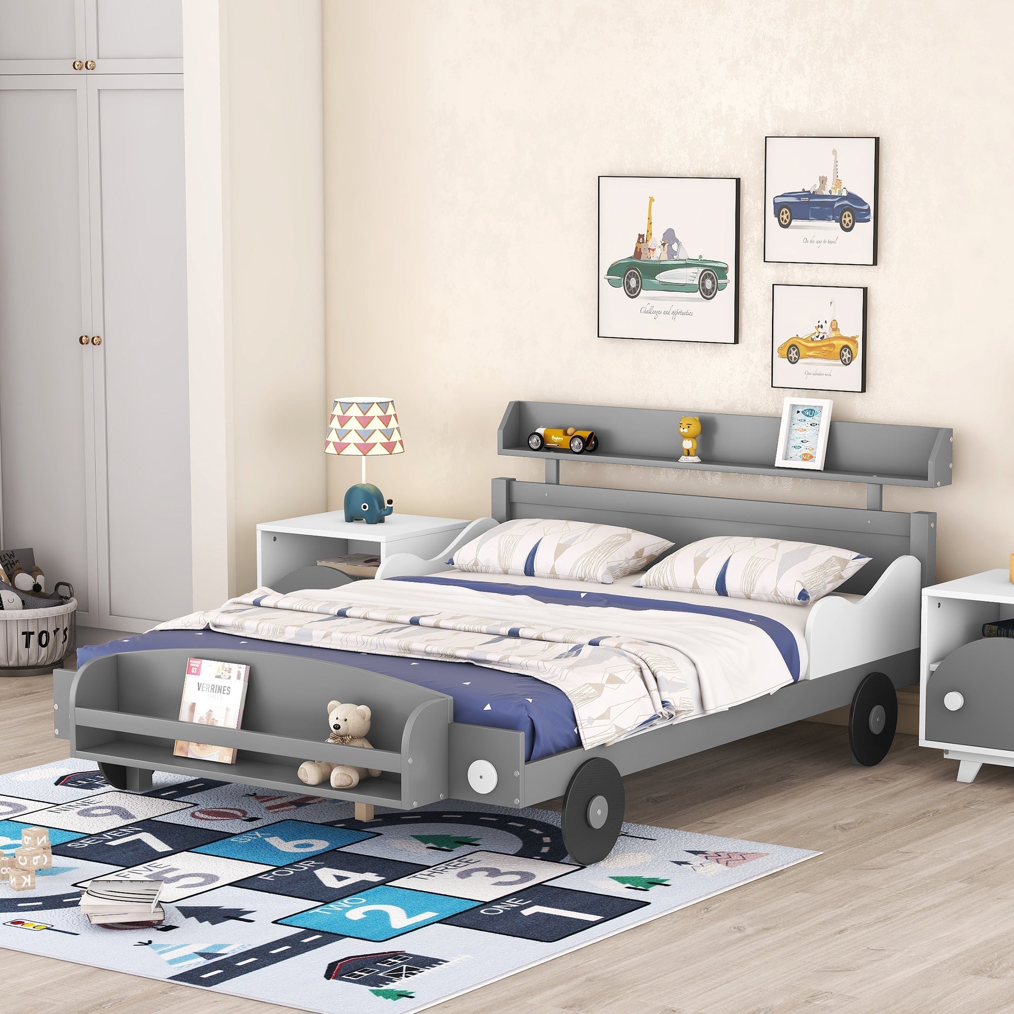 Full Size Car Shaped Platform Bed,Full Bed With Storage Shelf For Bedroom,Gray Gray Wood