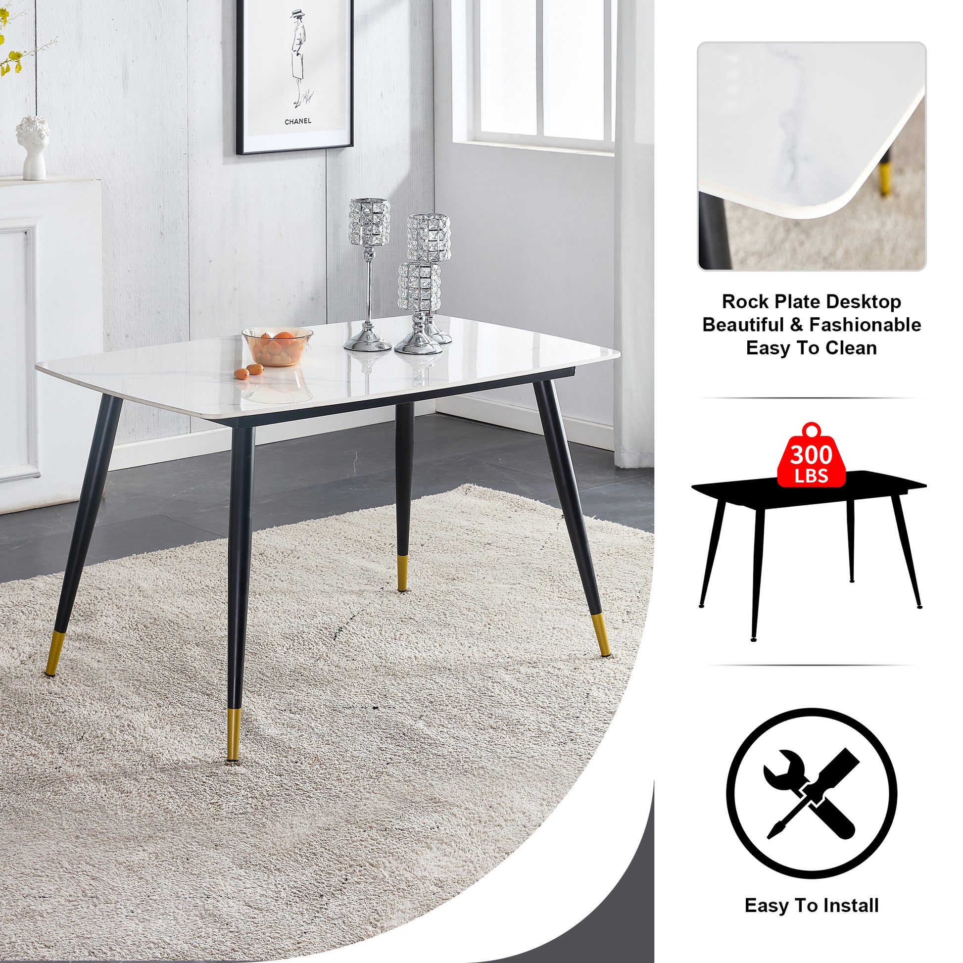 Table And Chair Set. White Imitation Marble Patterned Burnt Stone Tabletop With Black Metal Legs. Orange Deep Gray Dual Tone Pu Leather Backrest And Black Metal Leg Chair. 1 Table And 4 Chairs 001 007 White Sintered Stone