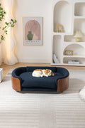 Scandinavian Style Elevated Dog Bed Pet Sofa With Solid Wood Legs And Walnut Bent Wood Back, Cashmere Cushion,Large Size Dark Blue Foam Solid Wood