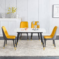 Table And Chair Set. White Imitation Marble Patterned Burnt Stone Tabletop With Black Metal Legs. Orange Deep Gray Dual Tone Pu Leather Backrest And Black Metal Leg Chair. 1 Table And 4 Chairs 001 007 White Sintered Stone