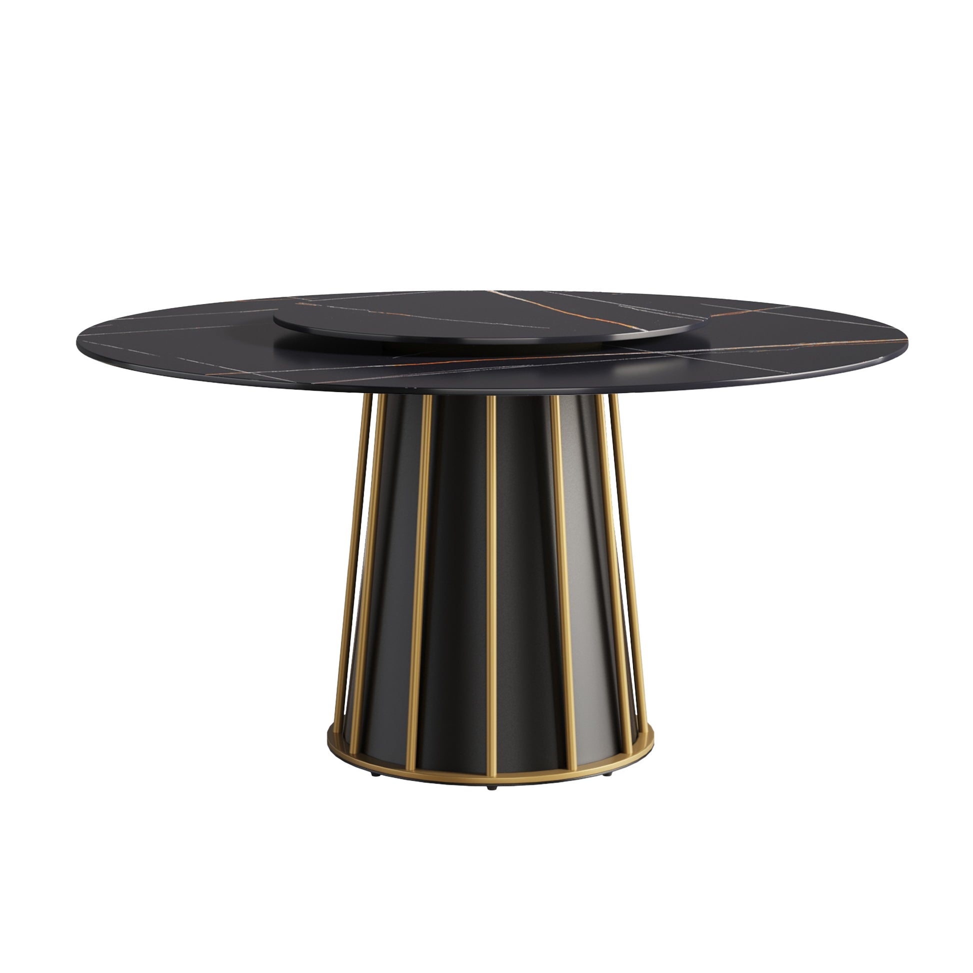 59.05"Modern Artificial Stone Round Black Metal Iron Base Dining Table Can Accommodate 8 People 31.5"Black Artificial Stone Turntable Not Including Chairs Black Dining Room Metal Sintered Stone