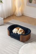 Scandinavian Style Elevated Dog Bed Pet Sofa With Solid Wood Legs And Walnut Bent Wood Back, Cashmere Cushion,Small Size Dark Blue Foam Solid Wood