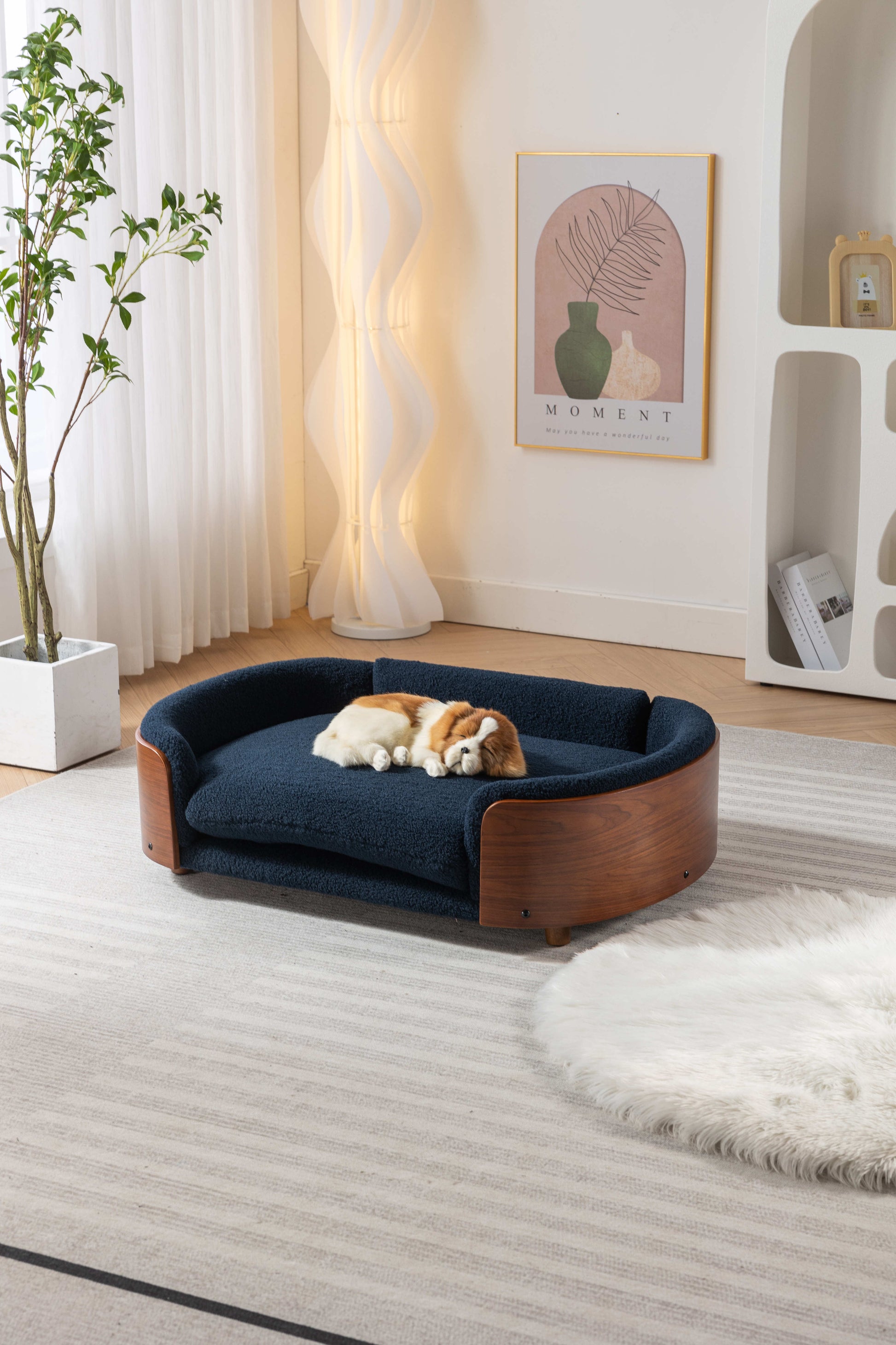 Scandinavian Style Elevated Dog Bed Pet Sofa With Solid Wood Legs And Walnut Bent Wood Back, Cashmere Cushion,Large Size Dark Blue Foam Solid Wood