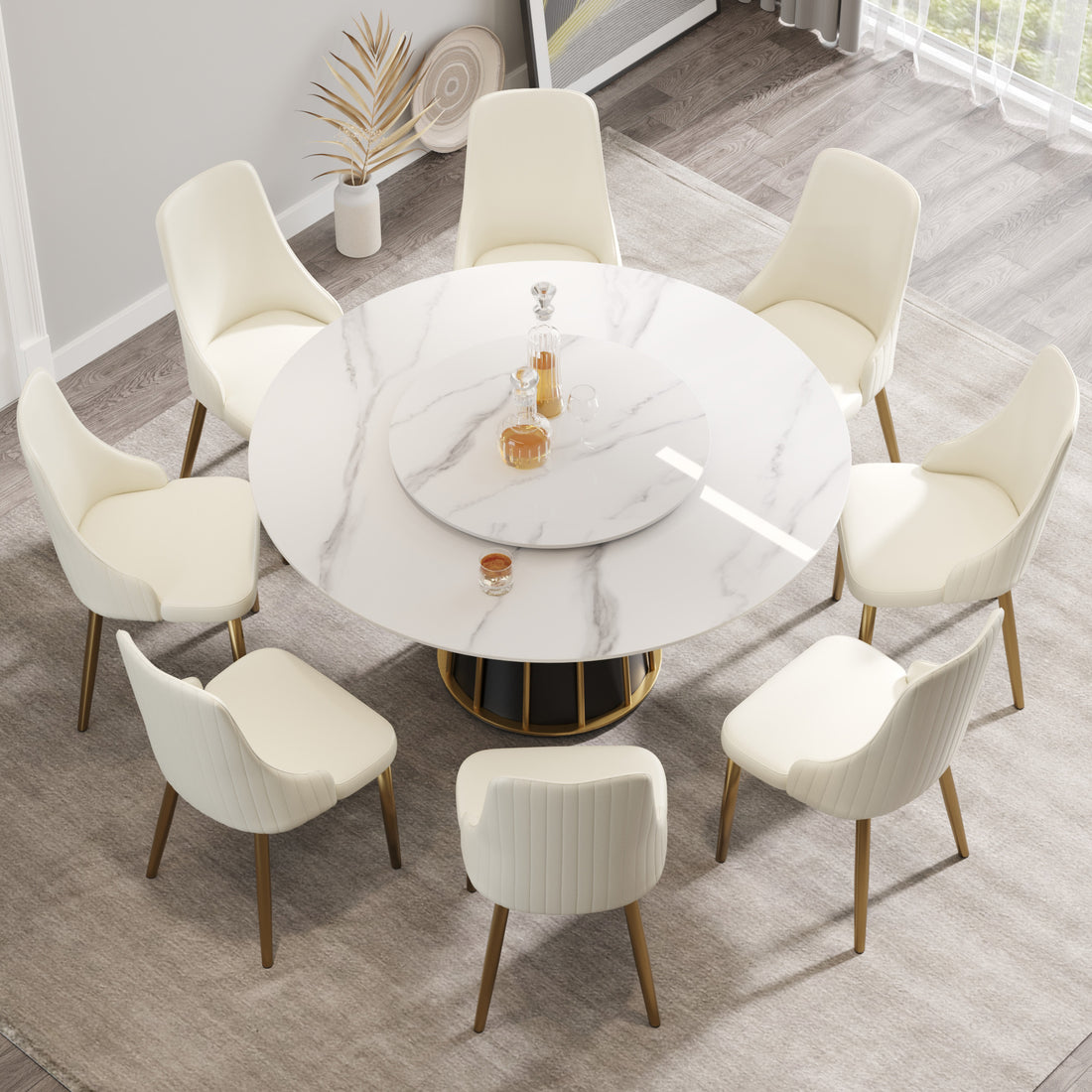 59.05"Modern Artificial Stone Round White Panel Metal Iron Base Dining Table Can Accommodate 8 People 31.5"White Artificial Stone Turntable Not Including Chairs White Dining Room Metal Sintered Stone