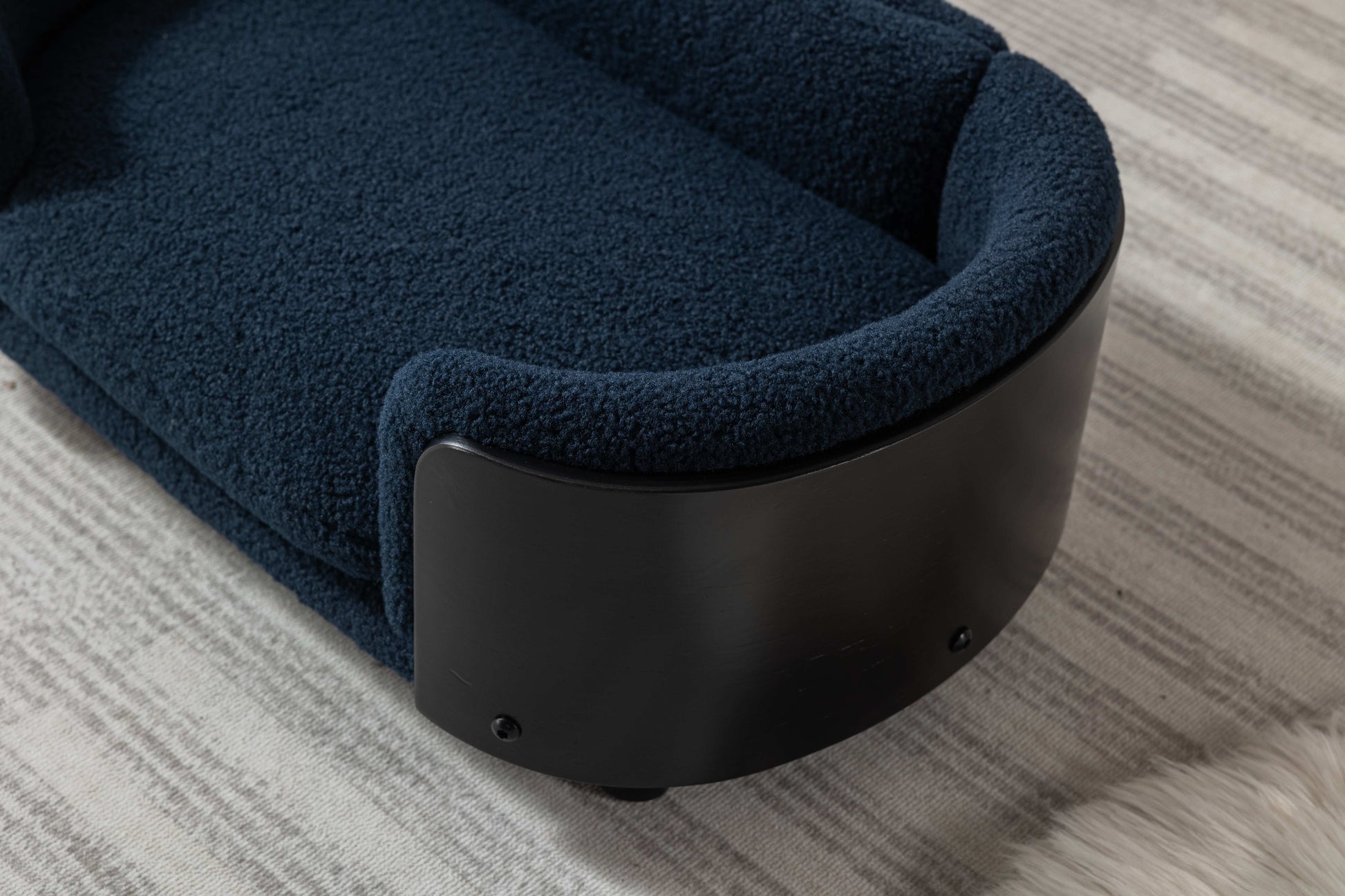 Scandinavian Style Elevated Dog Bed Pet Sofa With Solid Wood Legs And Black Bent Wood Back, Cashmere Cushion,Small Size Dark Blue Foam Solid Wood