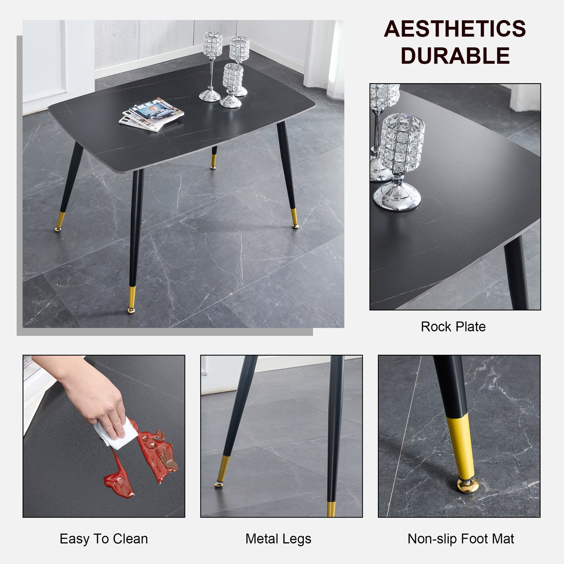 Table And Chair Set. Black Sintered Stone Tabletop With Black Metal Legs. Orange Deep Gray Dual Tone Pu Leather Backrest And Black Metal Leg Chair. 1 Table And 4 Chairs F 001 C 007 Black Sintered Stone