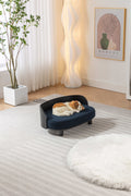 Scandinavian Style Elevated Dog Bed Pet Sofa With Solid Wood Legs And Bent Wood Back, Velvet Cushion, Black Dark Blue Memory Foam Scandinavian Cat Medium 26 40 Lbs Foam Solid Wood