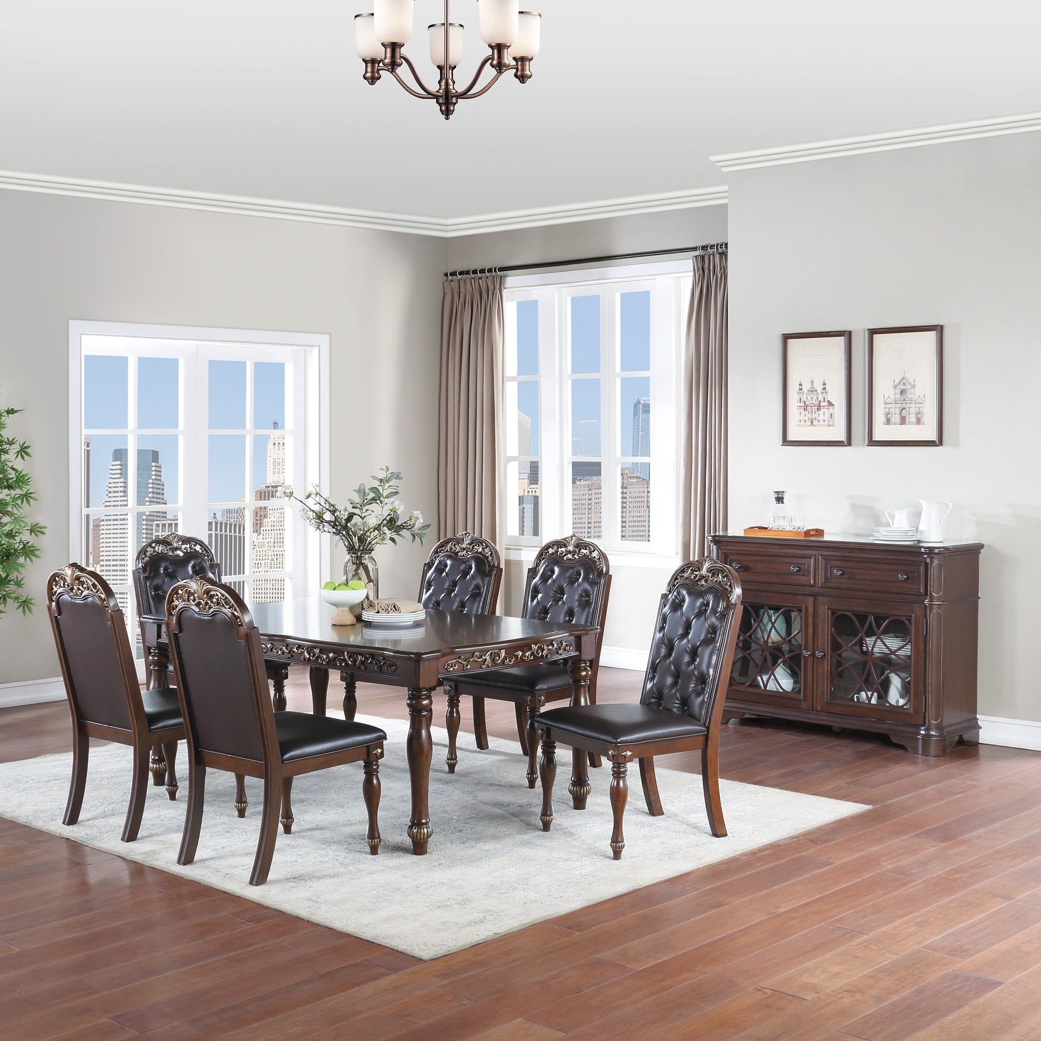 Traditional Formal Brown Finish 7Pc Dining Set Table W 6X Side Chairs Rubber Wood Intricate Design Tufted Back Cushion Seat Dining Room Furniture Brown Wood Dining Room Rubberwood Rectangular Dining Table With Chair Upholstered Chair Wood Brown Seats 6