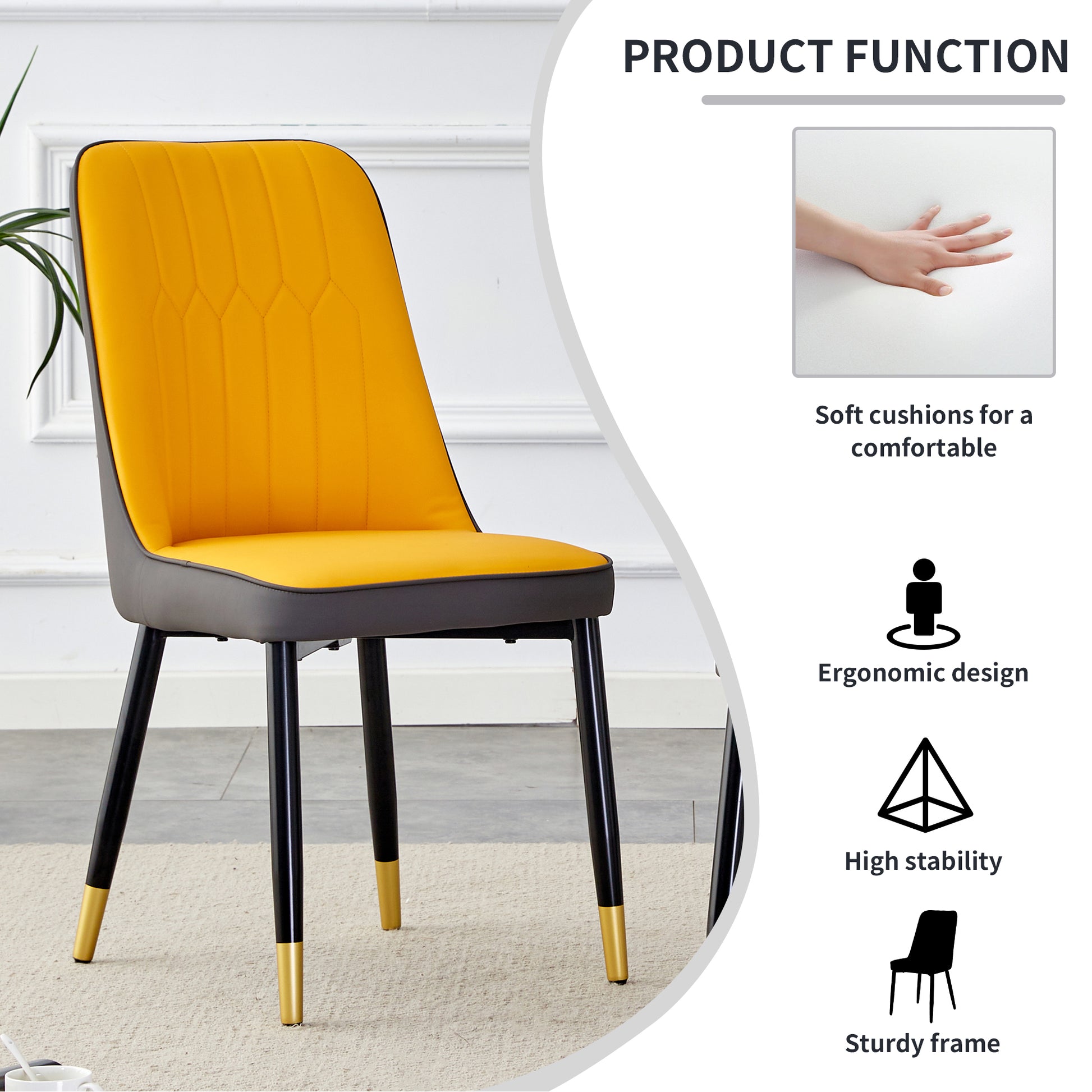 Table And Chair Set. White Imitation Marble Patterned Burnt Stone Tabletop With Black Metal Legs. Orange Deep Gray Dual Tone Pu Leather Backrest And Black Metal Leg Chair. 1 Table And 4 Chairs 001 007 White Sintered Stone