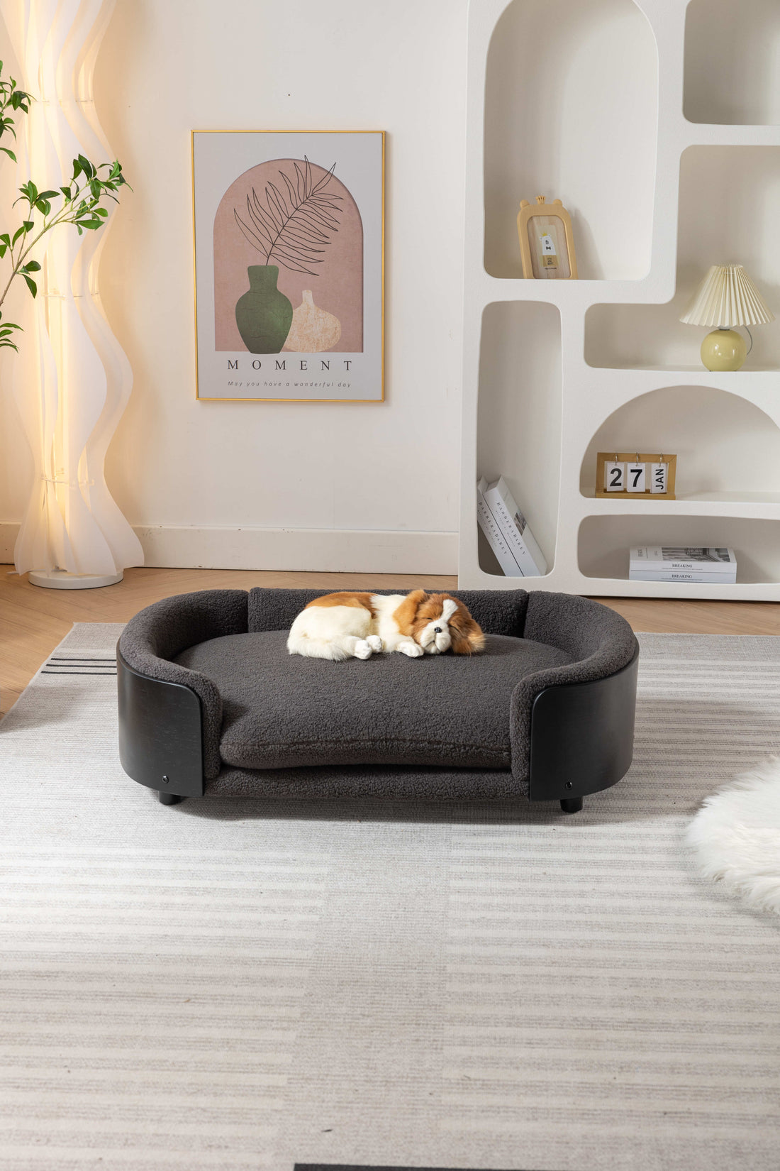 Scandinavian Style Elevated Dog Bed Pet Sofa With Solid Wood Legs And Black Bent Wood Back, Cashmere Cushion,Large Size Dark Gray Foam Solid Wood