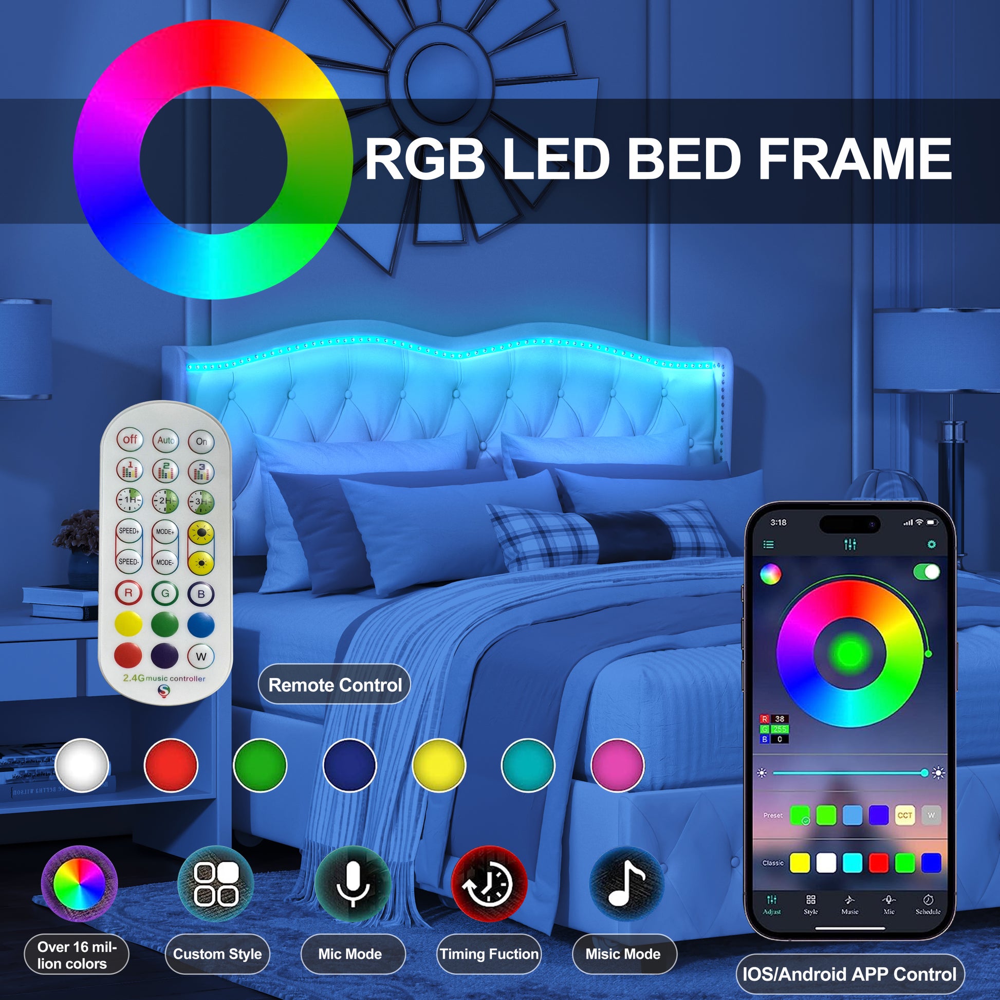 Queen Platform Bed Framevelvet Upholstered Bed With Deep Tufted Buttons And Trim, Adjustable Colorful Led Light Decorative Headboard, Bed Sides With Pull Out Storage 4 Drawers, Black Queen Black Velvet