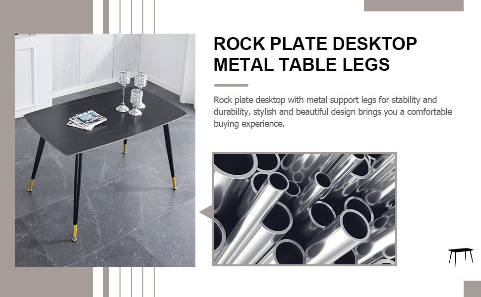 Table And Chair Set. Black Sintered Stone Tabletop With Black Metal Legs. Orange Deep Gray Dual Tone Pu Leather Backrest And Black Metal Leg Chair. 1 Table And 4 Chairs F 001 C 007 Black Sintered Stone