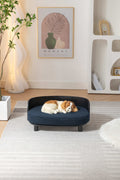 Scandinavian Style Elevated Dog Bed Pet Sofa With Solid Wood Legs And Bent Wood Back, Velvet Cushion, Black Dark Blue Memory Foam Scandinavian Cat Medium 26 40 Lbs Foam Solid Wood