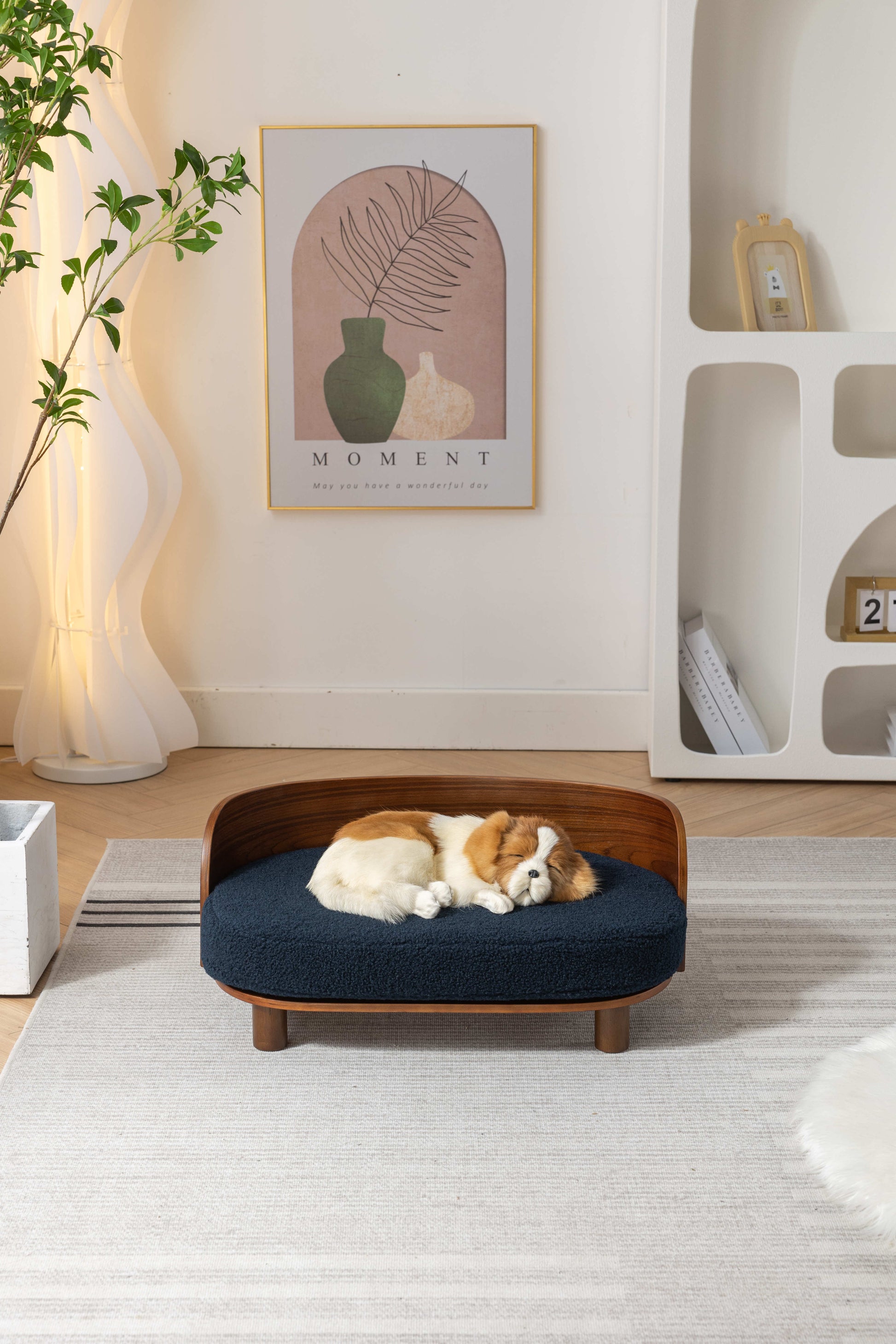 Scandinavian Style Elevated Dog Bed Pet Sofa With Solid Wood Legs And Bent Wood Back, Cashmesh Cushion, Walnut Wood,Dark Blue Cashmesh. Dark Blue Memory Foam Scandinavian Cat Medium 26 40 Lbs Foam