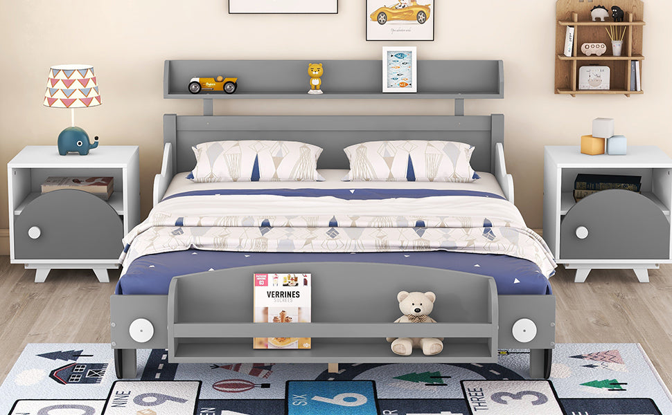 Full Size Car Shaped Platform Bed,Full Bed With Storage Shelf For Bedroom,Gray Gray Wood