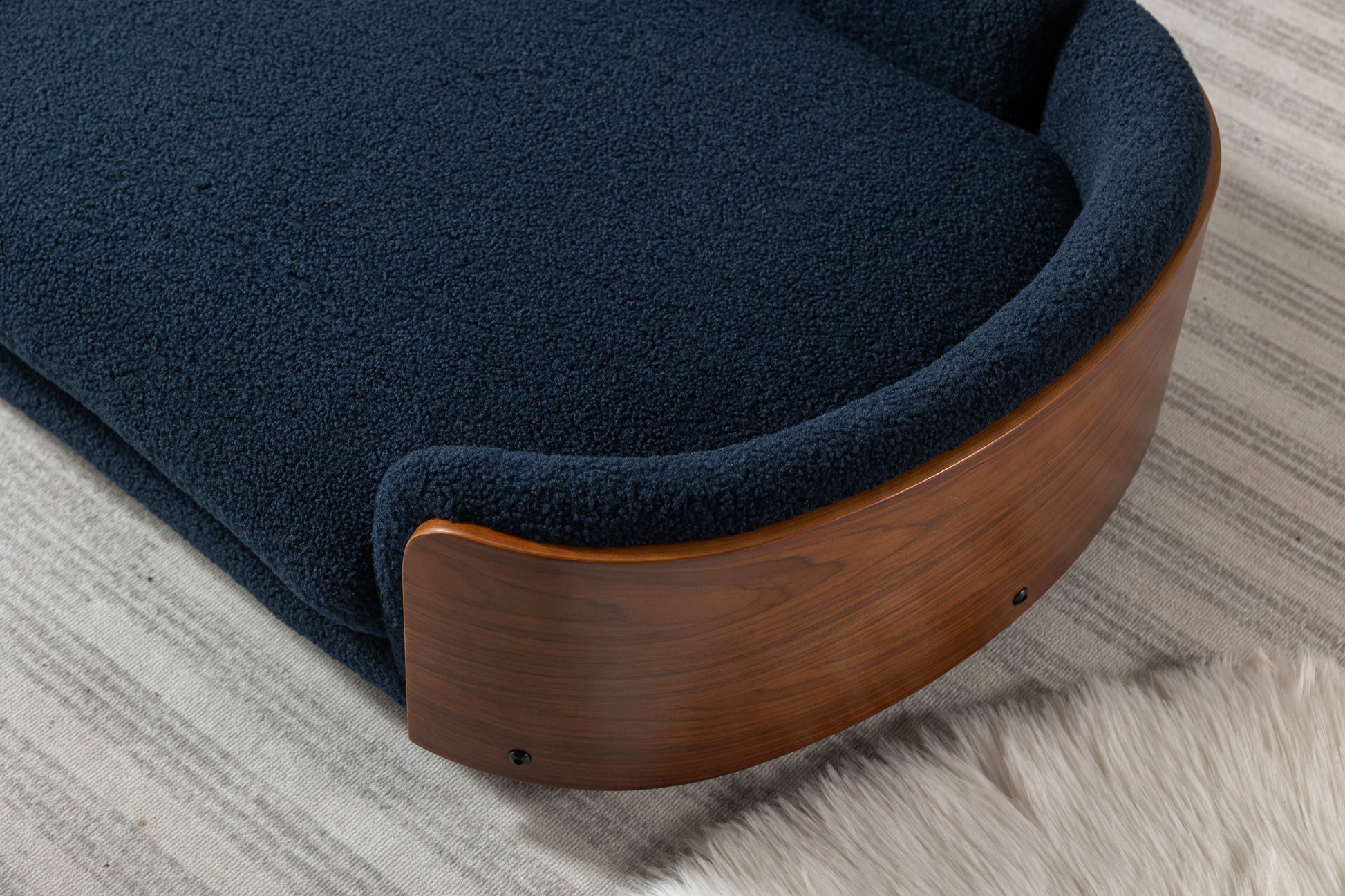 Scandinavian Style Elevated Dog Bed Pet Sofa With Solid Wood Legs And Walnut Bent Wood Back, Cashmere Cushion,Large Size Dark Blue Foam Solid Wood