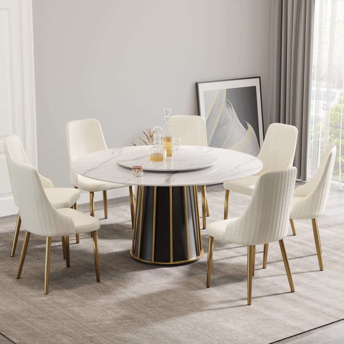 59.05"Modern Artificial Stone Round White Panel Metal Iron Base Dining Table Can Accommodate 8 People 31.5"White Artificial Stone Turntable Not Including Chairs White Dining Room Metal Sintered Stone