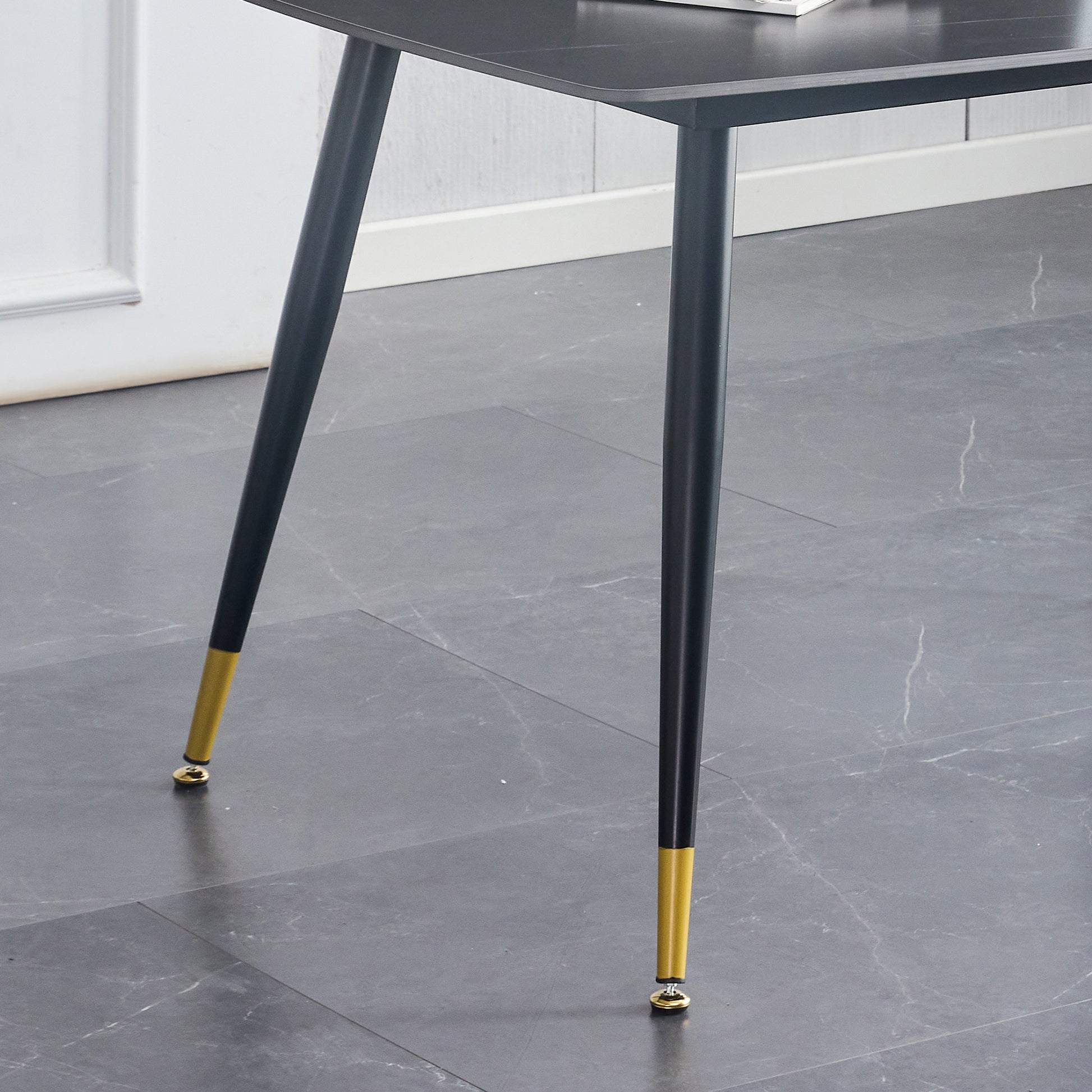 Table And Chair Set. Black Sintered Stone Tabletop With Black Metal Legs. Orange Deep Gray Dual Tone Pu Leather Backrest And Black Metal Leg Chair. 1 Table And 4 Chairs F 001 C 007 Black Sintered Stone