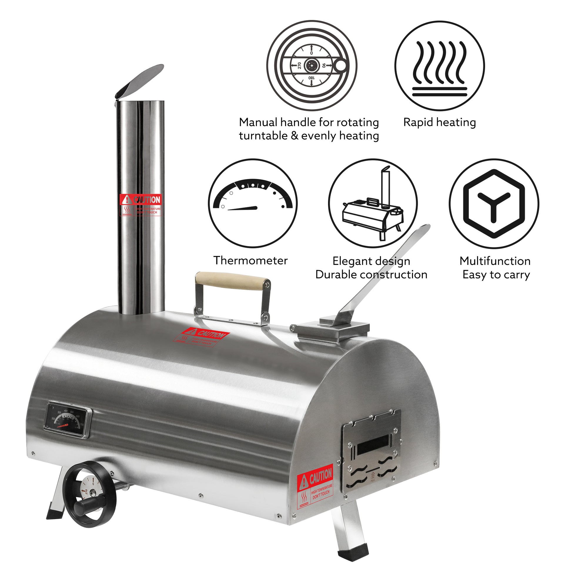Silver Pizza Oven Outdoor 12" Semi Automatic Rotatable Pizza Ovens Portable Stainless Steel Wood Fired Pizza Oven Pizza Maker With Built In Thermometer Pizza Cutter Carry Bag Silver Garden & Outdoor American Design Stainless Steel Stainless Steel