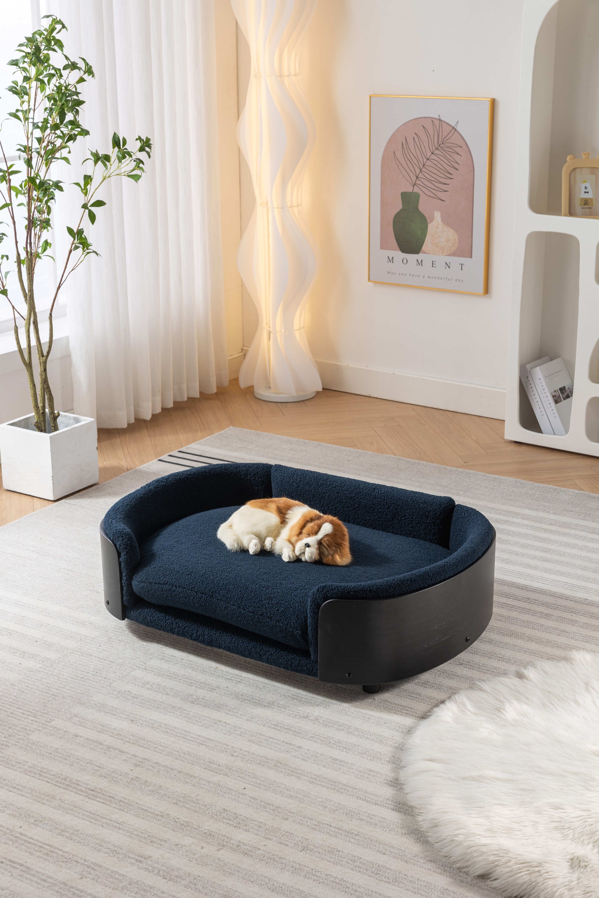 Scandinavian Style Elevated Dog Bed Pet Sofa With Solid Wood Legs And Black Bent Wood Back, Cashmere Cushion,Large Size Dark Blue Foam Solid Wood