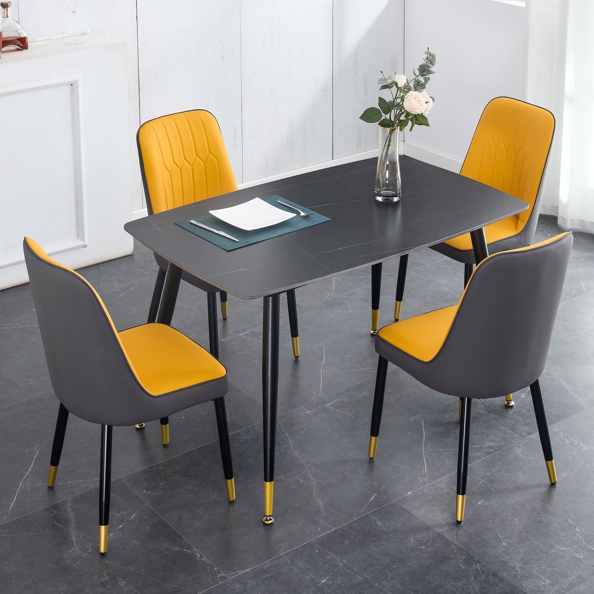 Table And Chair Set. Black Sintered Stone Tabletop With Black Metal Legs. Orange Deep Gray Dual Tone Pu Leather Backrest And Black Metal Leg Chair. 1 Table And 4 Chairs F 001 C 007 Black Sintered Stone