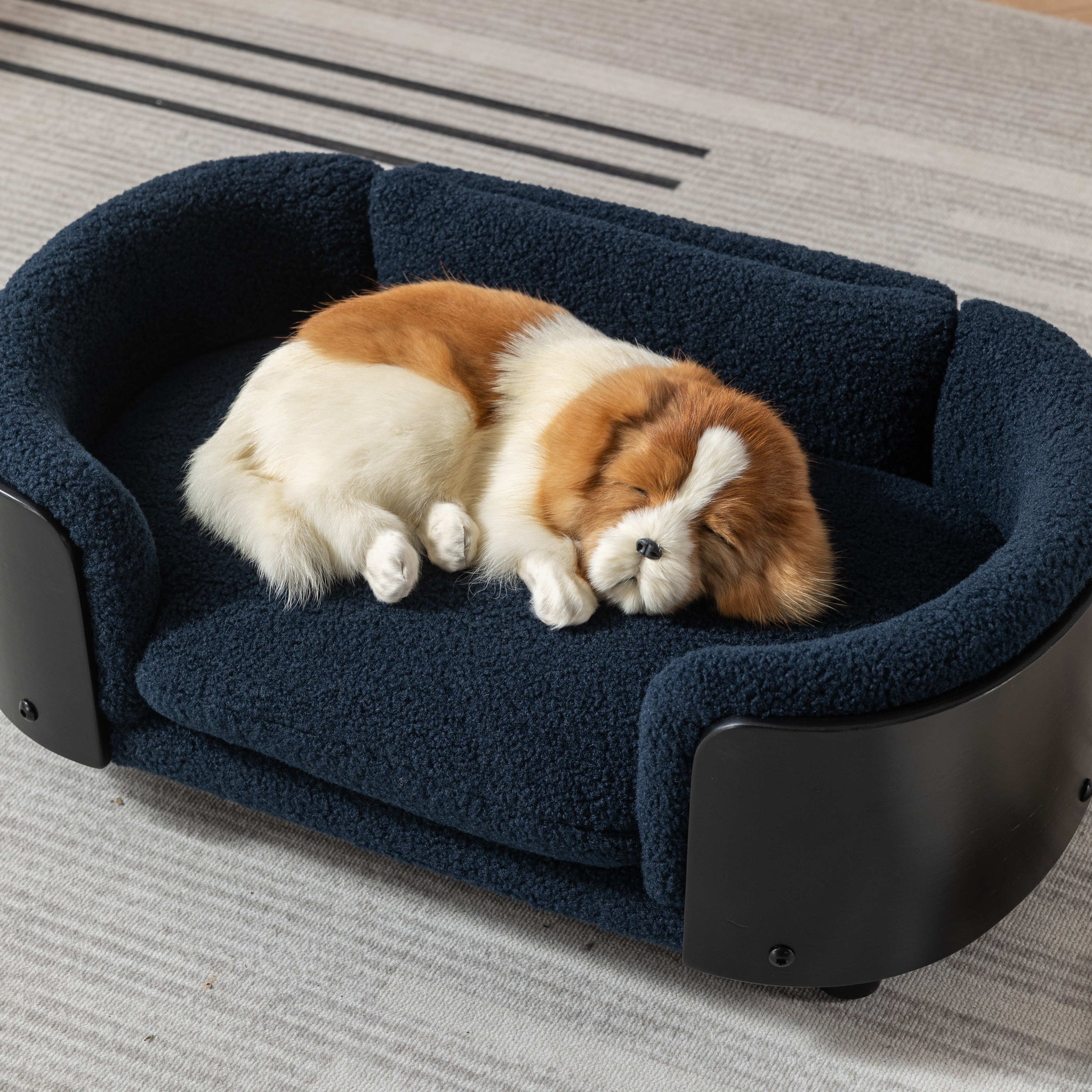 Scandinavian Style Elevated Dog Bed Pet Sofa With Solid Wood Legs And Black Bent Wood Back, Cashmere Cushion,Small Size Dark Blue Foam Solid Wood