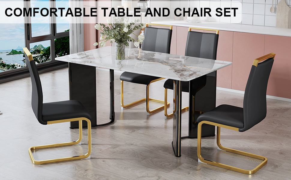 Table And Chair Set. 1 Table And 4 Black Pu Cushioned Golden Color Leg Chairs. White Imitation Marble Tabletop, Mdf Table Legs With Gold Metal Decorative Strips. Paired With 4 Pu Chairs. Hh1162 White Mdf Glass