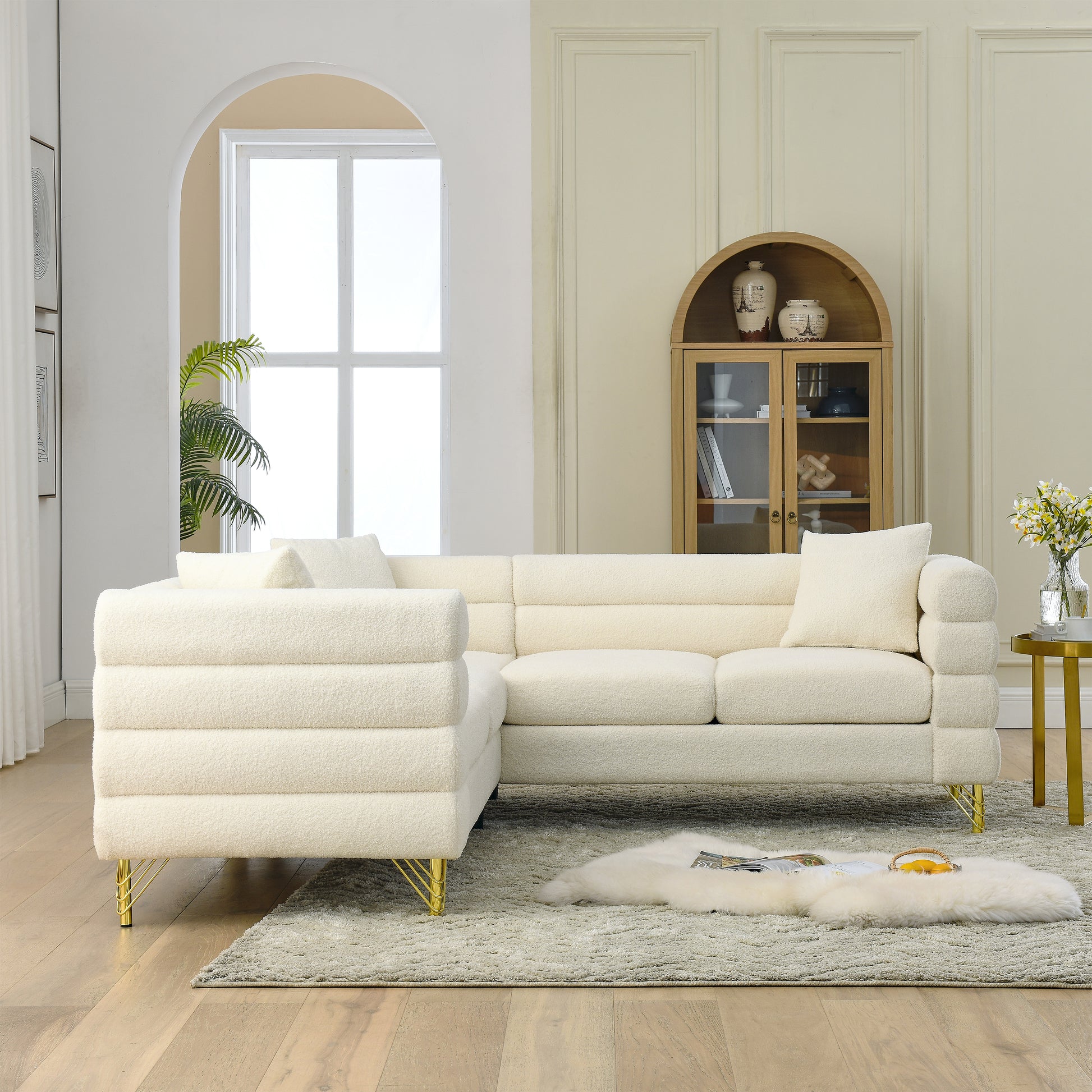 81.5 Inch Oversized Corner Sofa, L Shaped Sectional Couch,5 Seater Corner Sofas With 3 Cushions For Living Room, Bedroom, Apartment, Office White Foam Teddy