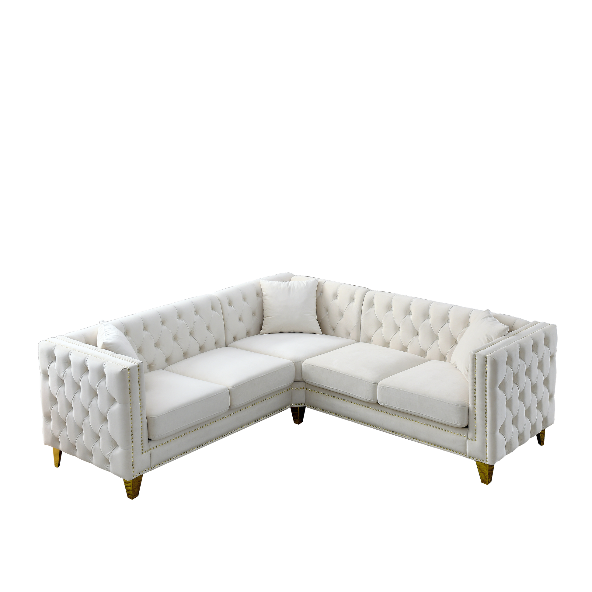 82.2 Inch Velvet Corner Sofa, L Shaped Sectional Couch, 5 Seater Corner Sofas With 3 Cushions For Living Room, Bedroom, Apartment, Office Beige Foam Velvet